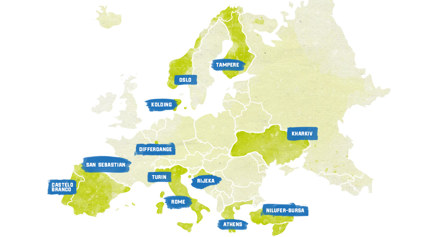 Euroopan kartta kaupungeista, jotka ovat mukana FUSILLI-hankkeessa