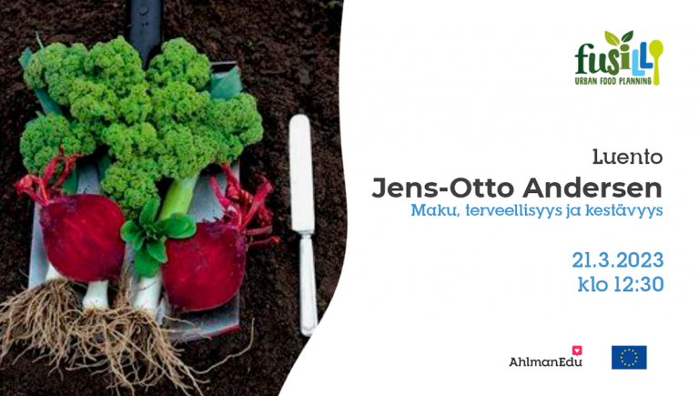 Vihanneksia lautasella ja kutsuteksti Jens-Otto Andersenin luennolle.